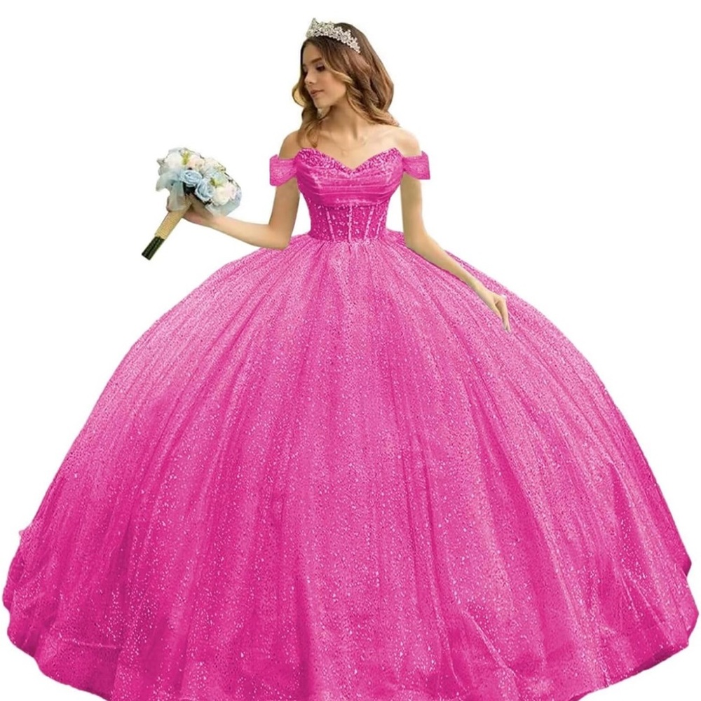 Hot Pink Beaded Tulle Quince Dress with Bow Puffy Off Shoulder Dress with Train